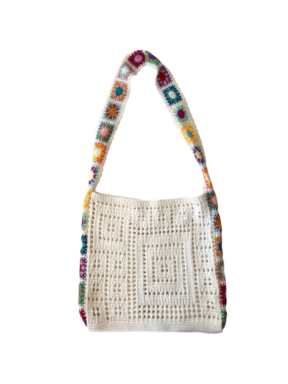Cream Crochet Shoulder Bag with Multicolor Strap